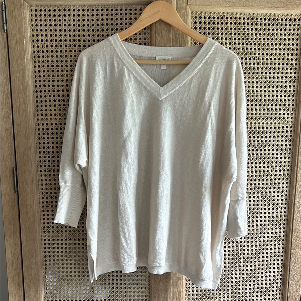Garnet Hill Beige Women’s Linen Oversized V-Neck Sweater